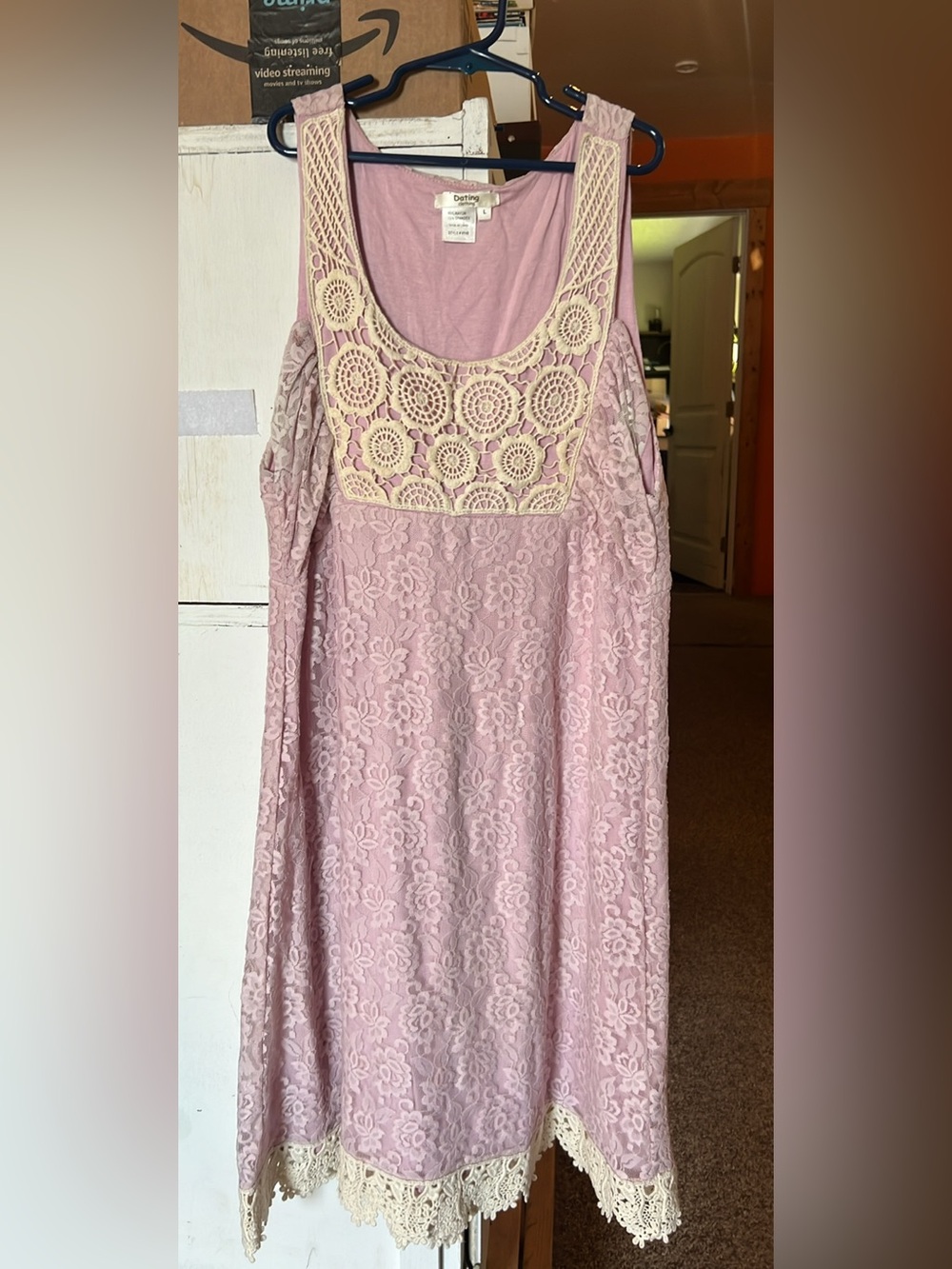 Sleeveless Lace Crochet Pink Dress with Cream Trim